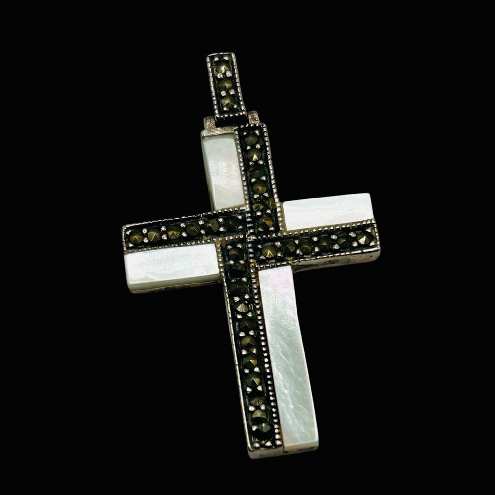 Vintage Sterling Silver Marcasite Mother-of-Pearl Cross Pendant
